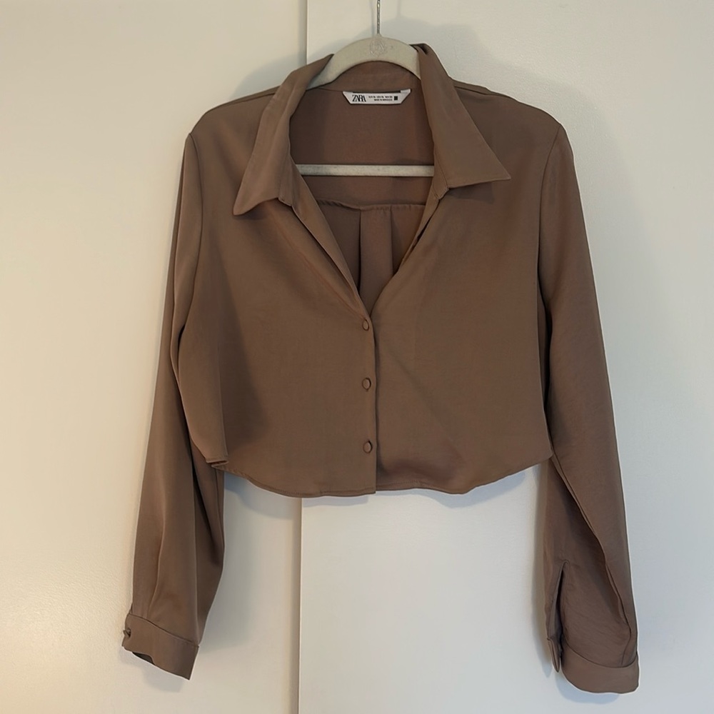 XL Zara Cropped Silky Taupe Blouse- Almost New